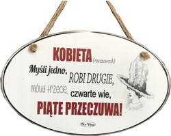 Tabliczka drewniana - KOBIETA (rzeczownik)  Myśli jedno... - owalna