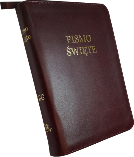 Uwspółcześniona Biblia Gdańska UBG A6 mała gładka skóra zamek złoto bordo