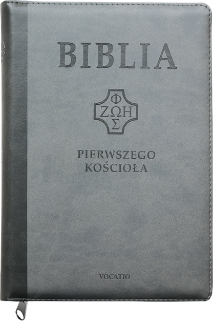 Biblia Pierwszego Kościoła eko-skóra PU zamek index złoto szara