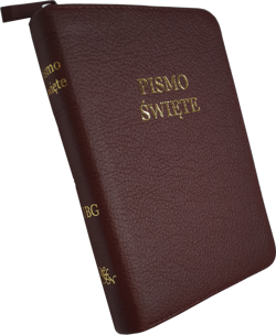 Uwspółcześniona Biblia Gdańska UBG A6 mała marmurek skóra zamek złoto bordo