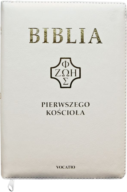 Biblia Pierwszego Kościoła eko-skóra PU zamek index złoto biała